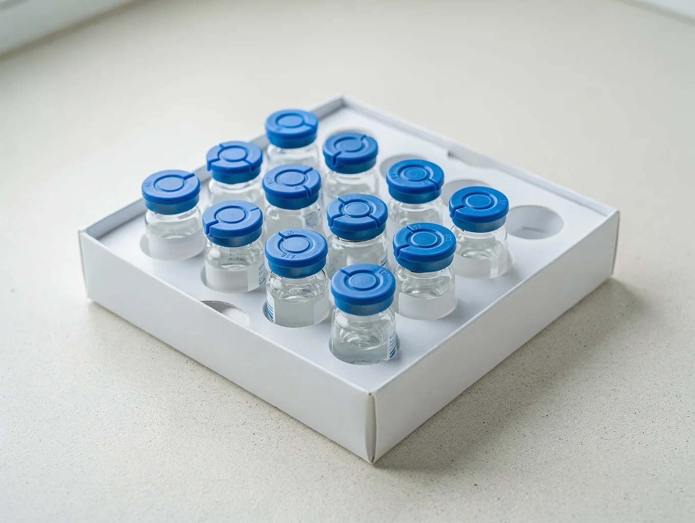 Ten sterile glass research vials with blue crimp seals arranged in an analytical kit box.